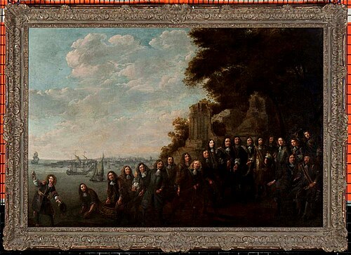 Groepsportret van Admiraal de Ruyter met enige vlootvoogden en magistraatspersonen (Allegorie op de , 1667, Willem Eversdijck