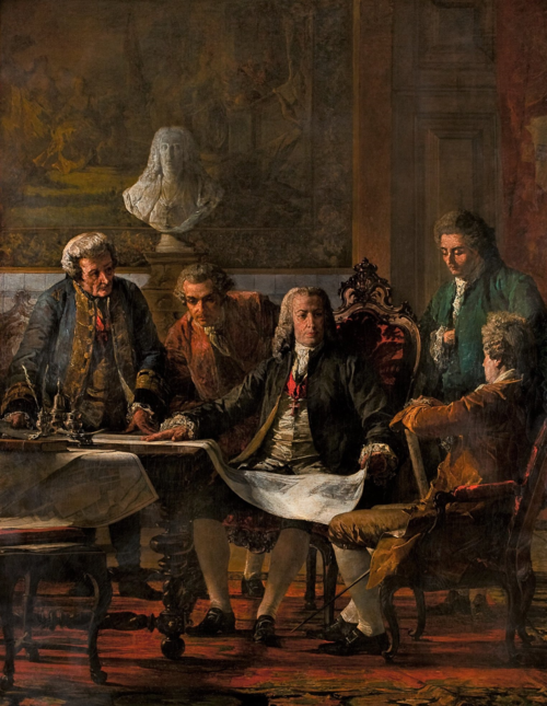 O Marquês de Pombal presidindo ao estudo da reedificação de Lisboa, 1883, Miguel Ângelo Lupi