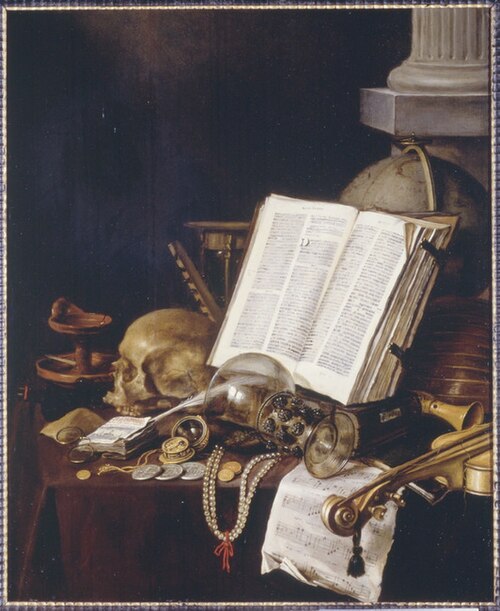 Vanitas still life with coins and other objects on a table, 1655, Pieter Claesz