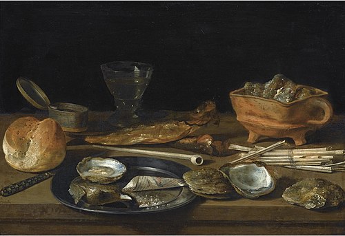 Still life with a brazier, a wine-glass, herring, oysters, bread, smoking paraphenalia, and a pewter, 1624, Pieter Claesz