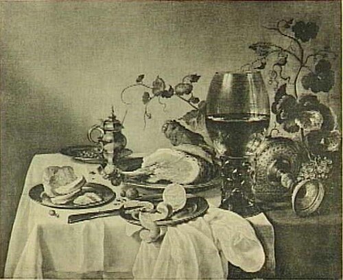 Breakfast with large rummer, tazza and ham, 1640, Pieter Claesz