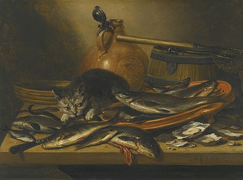 Still life with fresh-water fish, cat, Bartmannkrug, barrel and a small fishing net on a table, 1656, Pieter Claesz