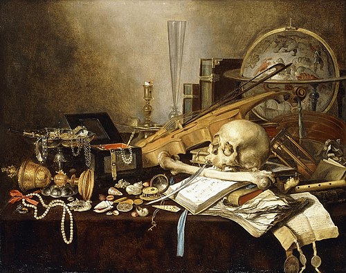 Still life with skull, globe, shells, jewelry box and other objects, 1653, Pieter Claesz