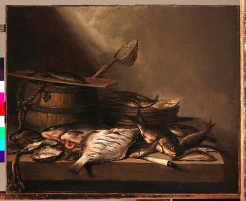 Still life with barrel, fishing net and fish, 1660, Pieter Claesz