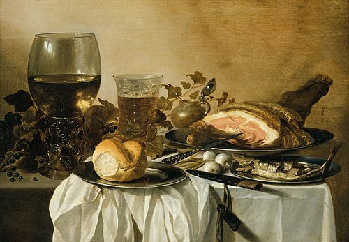 Still-life with ham, red herring and beer, 1647, Pieter Claesz