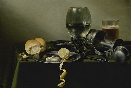 Still life with roemer, an overturned pewter jug, olives, and half-peeled lemon on pewter plates, 1635, Pieter Claesz