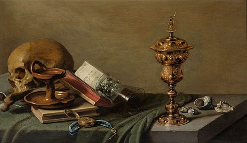 Vanitas with an oil lamp, a pocket watch, an open song book, an overturned roemer, a gilded covered , 1629, Pieter Claesz