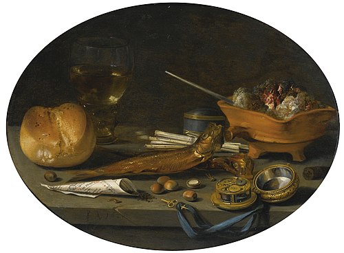 Still life with a roemer, a roll, smoked herring, a watch, smoker's requisites, hazelnuts and a braz, 1625, Pieter Claesz