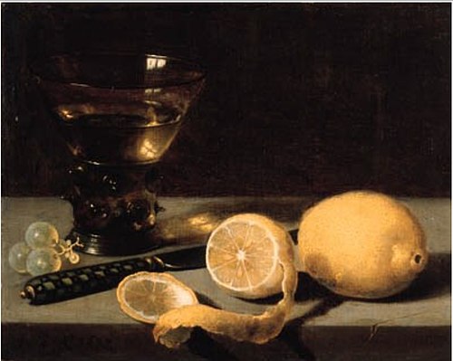 Still life with berkemeyer, lemon, grapes and knife, 1627, Pieter Claesz