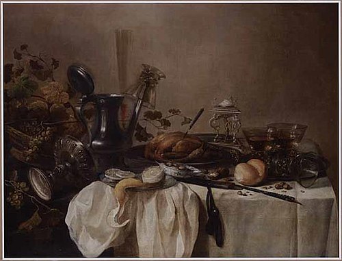 Still life with tazza, ewer, goblet, three roemers, roast fowl, grapes, bread, olives, walnuts and a, 1645, Pieter Claesz