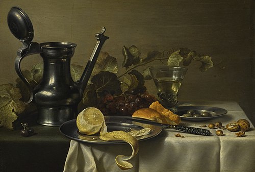 Still life with a 'Jan Steen' jug, a peeled lemon on a pewter plate, bread, a knife, olives on a pew, , Pieter Claesz