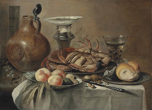 Still life with a crab, a bellarmine, salt cellar, and fruit on a porcelain plate, 1650, Pieter Claesz