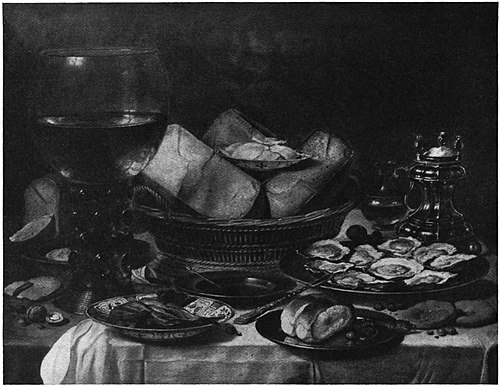 Still life with a roemer, basket of cheese and oysters, , Pieter Claesz