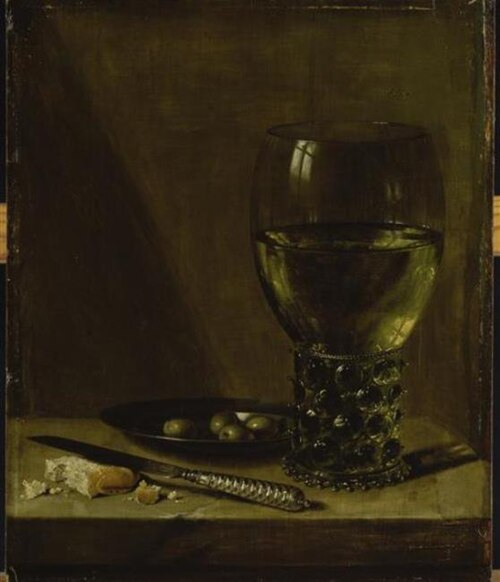 Still life with rummer, tin plate with olives, a knife and bread, on a table, 1660, Pieter Claesz