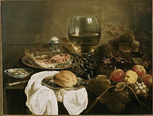 Still life with roemer, bread, fruit and salmon, 1631, Pieter Claesz