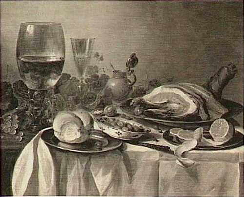 Still life with ham, glasses and mustard pot, 1646, Pieter Claesz