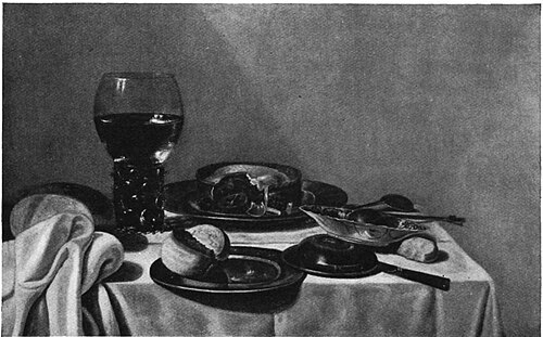 Still life with roemer and pie on a draped table, 1640, Pieter Claesz