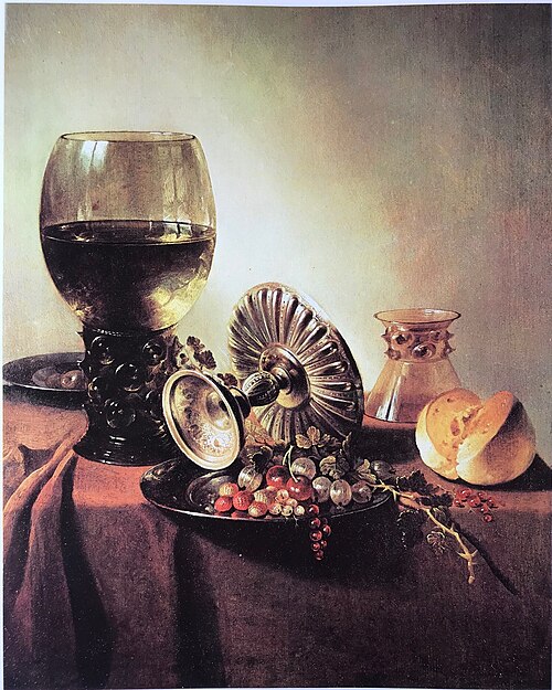 Still life with roemer and fallen tazza with inverted berkemeyer on a table, 1640, Pieter Claesz