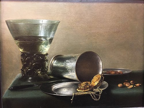 Still life with a large berkemeyer, silver chalice and a gold pocket watch, 1632, Pieter Claesz