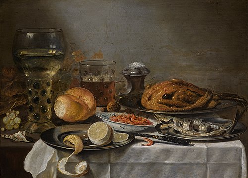Still life with a rummer, herring and a roast chicken, 1646, Pieter Claesz