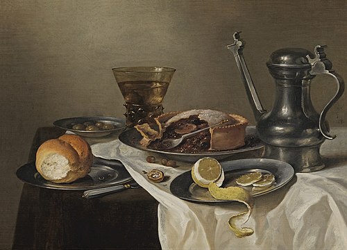 Still Life of a meal with a fruit pie and a Jan Steen jug on a draped tabletop, 1642, Pieter Claesz