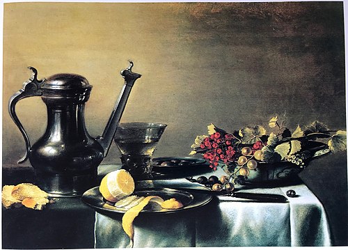 Still life with Jan Steen pitcher, berkemeyer and fruit, 1638, Pieter Claesz