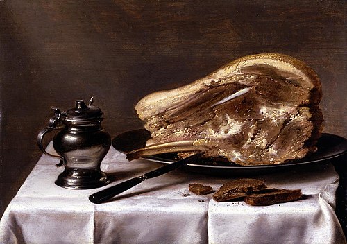Still life with ham and mustard pot, 1635, 1635, Pieter Claesz