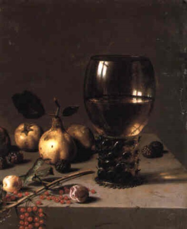 Still life with roemer, pears, plums, mulberries and redcurrants, 1627, Pieter Claesz