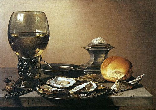 Still life with roemer, oysters, salt cellar and bread, 1642, Pieter Claesz