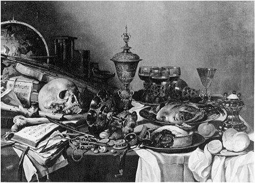Still life with columbine cup, book, skull, globe, pie and other objects, 1650, Pieter Claesz