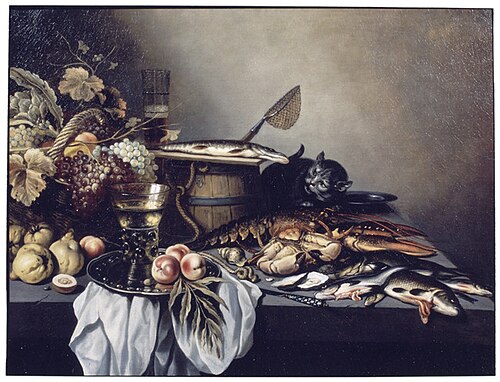 Still life with fruit, fish and a cat, 1651, Pieter Claesz