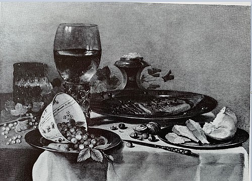 Still life with roemer, fish, and porcelain cup of strawberries, 1649, Pieter Claesz