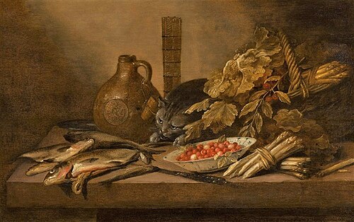 Still life with cat, fish, asparagus, a bowl of strawberries, and a stone jar on a table, 1650, Pieter Claesz