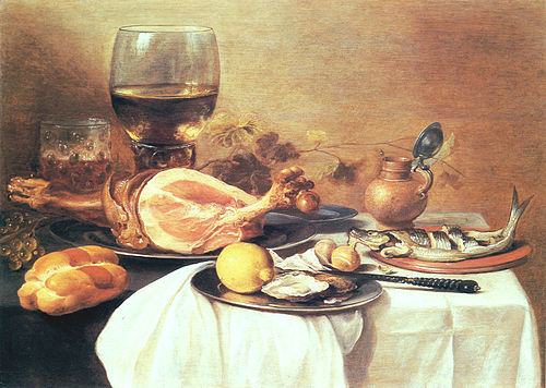Nature morte au jambon, hareng, huitres, citron, pain, oignon, citron et römer, 1645, Pieter Claesz