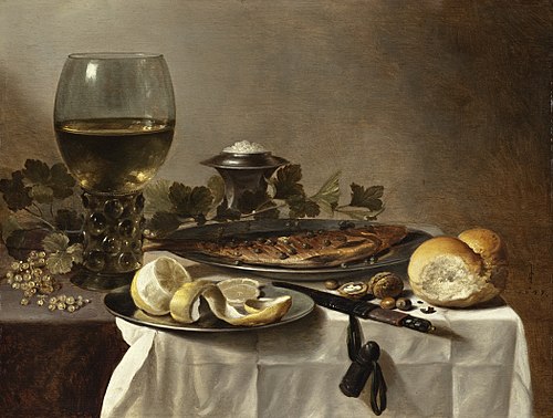 Still Life with Herring, Wine and Bread, 1647, Pieter Claesz