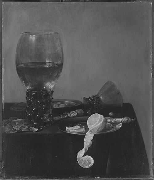 Still life with rummer, oysters, lemon and olives, 1636, Pieter Claesz