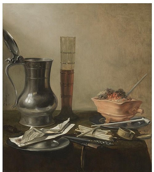 Still Life with a Pewter Jug, a Passglass, a 'Vuurtest' and Smoker's Pipe, 1645, Pieter Claesz