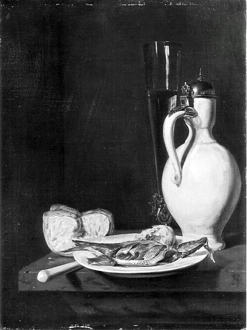 Stillleben mit Hering, Weinkrug und Pokal, 1654, Gabriel Metsu
