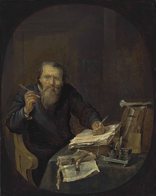 A notary sharpening his pen, in an interior, 1653, Gabriel Metsu