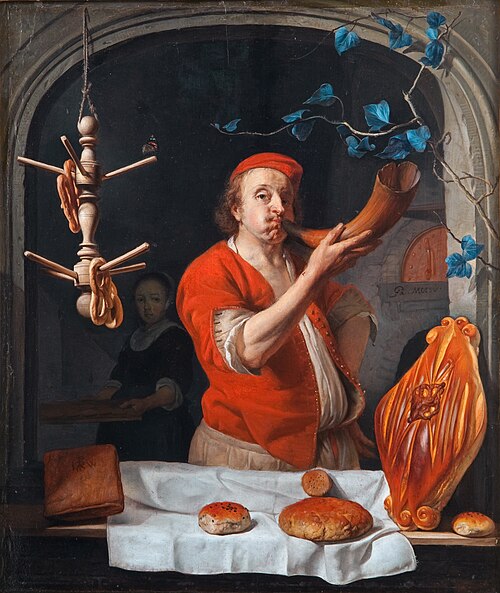 A Baker Blowing his Horn, 1660, Gabriel Metsu