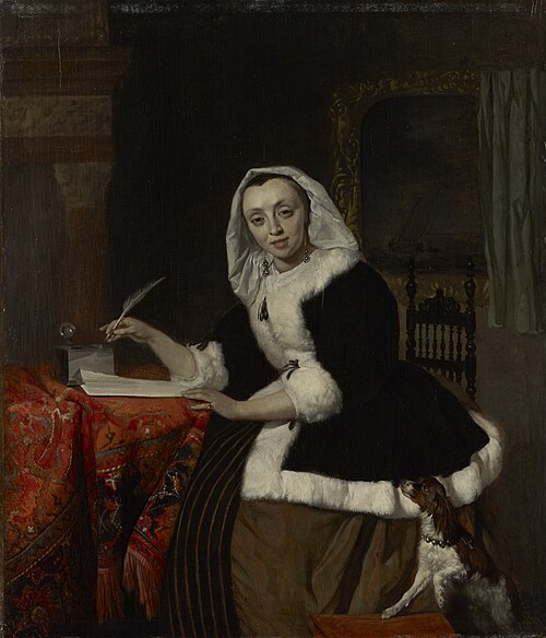 Elegant Lady Writing at Her Desk, 1663, Gabriel Metsu