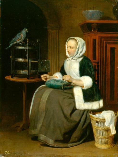 A Lady Sewing, with a Parrot, 1663, Gabriel Metsu