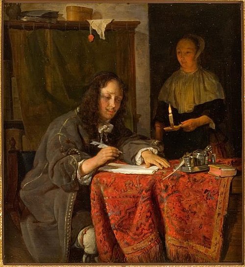 A Man with Pen in Hand and a Maid-Servant, 1659, Gabriel Metsu