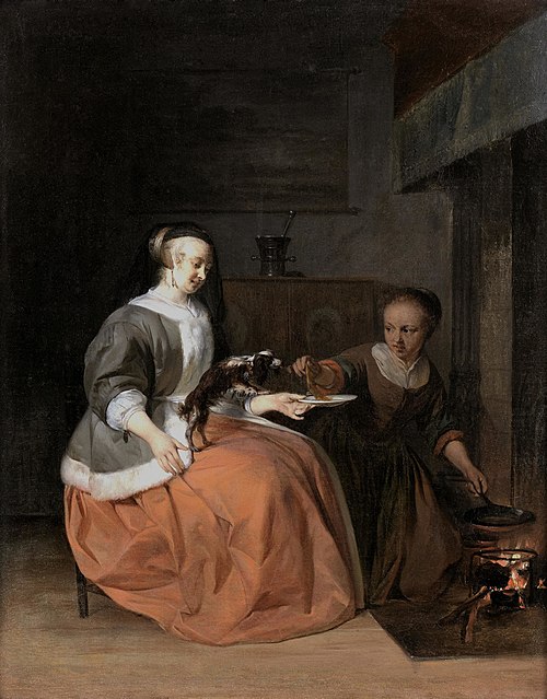 Lady, feeding her little dog, 1660, Gabriel Metsu