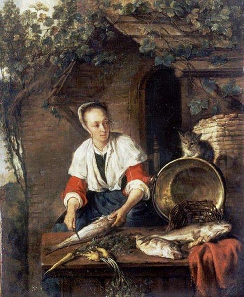 Woman Cleaning a Fish, with a Cat, 1650, Gabriel Metsu