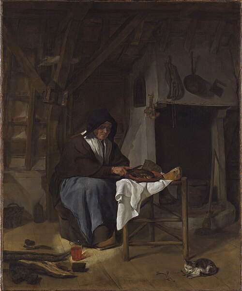 An Old Woman at Her Meal in an Interior, 1657, Gabriel Metsu