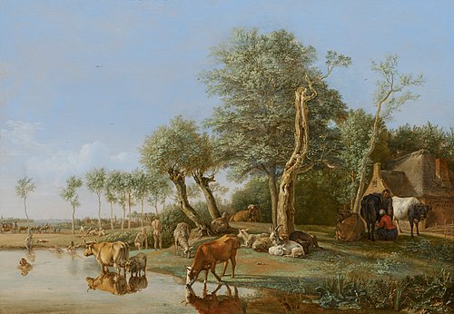 Drinkende koeien gereflecteerd in het water, 1648, Paulus Potter