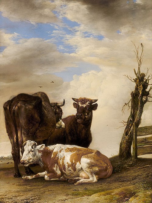 Two Cows and a Young Bull beside a Fence in a Meadow, 1647, Paulus Potter