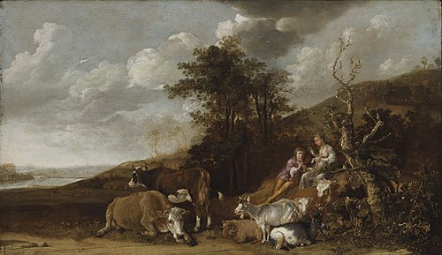 Landscape with Shepherdess and Shepherd Playing Flute, 1643, Paulus Potter