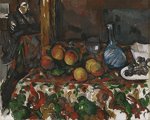 Pêches, carafe et personnage, 1900, Paul Cézanne